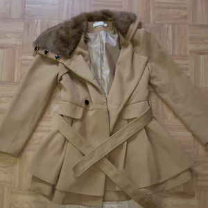 Asymmetrical faux fur collar pea coat